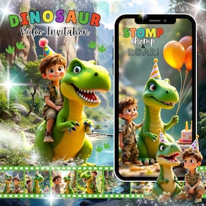 Può includere: Un invito digitale a tema dinosauri. Il testo "DINOSAUR Video Invitation" è visualizzato. L'immagine presenta un bambino dei cartoni animati che cavalca un dinosauro verde e uno smartphone che mostra il testo "STOMP chomp & ROAR!"