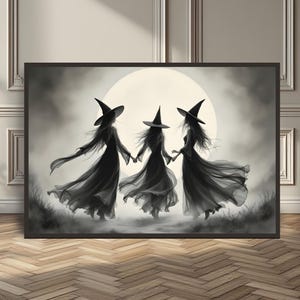 Vintage Witch Halloween Painting Witches Dance Halloween Wall Art Rustic Halloween Digital Art Dark Academia Room Decor Black Witch Wall Art