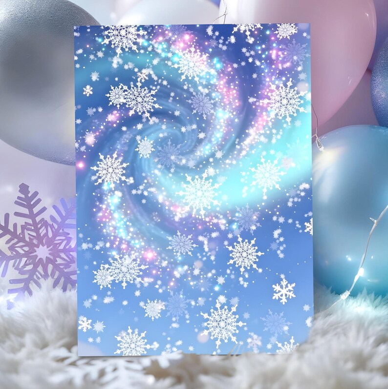 May include: A blue and white winter-themed greeting card featuring a swirling galaxy design with snowflakes. The card has a light blue background with white snowflakes and a spiral of blue, pink, and purple hues.