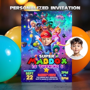 May include: A personalised invitation with a Super Mario theme, featuring a child's photo. The invitation includes the text "SUPER MADDOX IS TURNING 6" and event details: date, time, and location.
