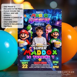 May include: A personalized invitation for a Super Mario Galaxy-themed birthday party. The design features Mario, Luigi, Princess Peach, and Yoshi in a movie theater setting, with the child's photo and name, Maddox, prominently displayed. The invitation includes the date, time, and location.
