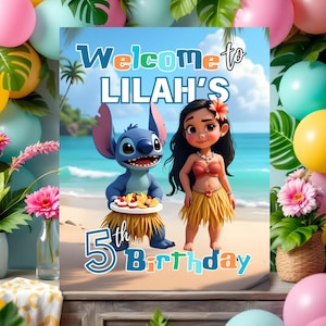 Lilo & Stitch Willkommensschild: Bearbeitbare Sommerparty-Dekoration (Digitaler Download 40 x 50 cm)