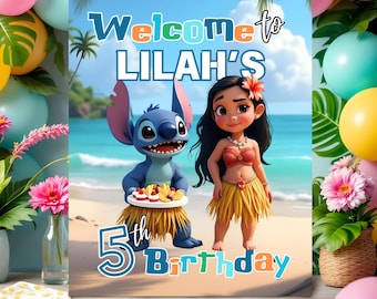 Letrero de bienvenida de Lilo y Stitch: Decoración editable para fiesta de verano (Descarga digital, 40 x 50 cm)