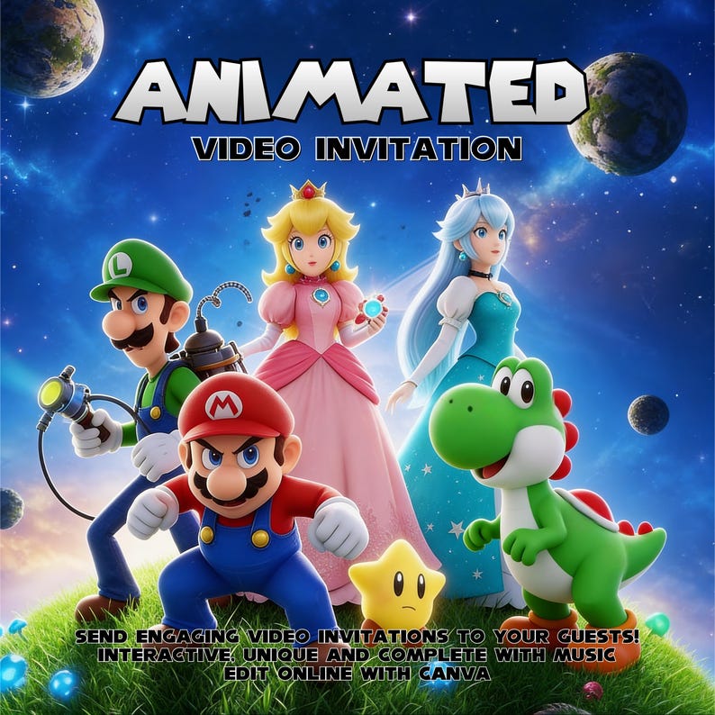 May include: A digital illustration featuring characters from the Mario video game series. The image includes Mario, Luigi, Princess Peach, and Yoshi, with the text "ANIMATED VIDEO INVITATION". Additional text promotes interactive video invitations.
