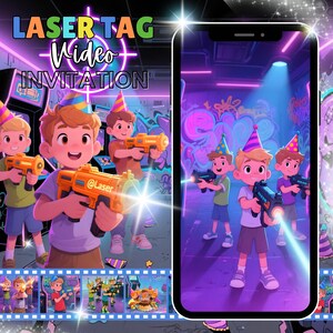 May include: A digital invitation for a laser tag party. The image features cartoon illustrations of children with laser tag guns, set against a neon-lit arcade backdrop. The text "LASER TAG Video INVITATION" is prominently displayed.