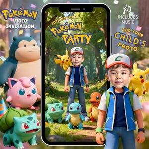 以下が含まれることがあります： 「ポケモンパーティーへようこそ」というテキストが入った、ポケモンのパーティーのデジタル招待状。さまざまなポケモンキャラクターと、お子様の写真を追加するオプションがデザインに含まれています。招待状には音楽が含まれています。