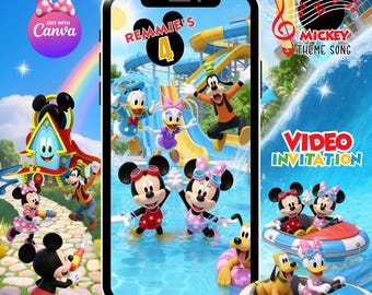 Mickey Mouse Summer Birthday Video Invitation Water Park Pool Party Clubhouse Digital Download MP4