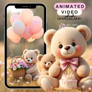 Invitation ours en peluche fille anniversaire vidéo Invitation d'anniversaire vidéo ours en peluche numérique Invitation vidéo premier anniversaire ours en peluche animé Evite MP4 fille ours en peluche