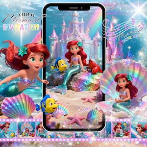 May include: A digital invitation featuring a mermaid theme. The design includes a cartoon mermaid with red hair, a blue tail, and a seashell bra. The background shows a castle, a rainbow, and other sea creatures. Text reads "Video Mermaid Invitation".