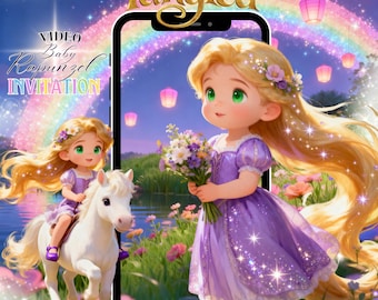 May include: Digital illustration featuring a cartoon of Rapunzel from Tangled. The image shows Rapunzel with long blonde hair, wearing a purple dress, holding flowers, and standing in front of a rainbow. Text reads "Video Baby Rapunzel Invitation".