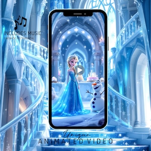 May include: A smartphone displays a unique animated video featuring a princess in a blue gown and a snowman. The scene is set in a winter palace with the text "Includes Music" and "Cinematic Instrumental". The video is set against a backdrop of a snow-covered palace.