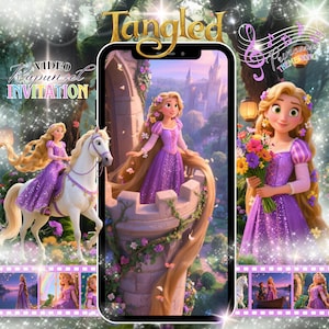 May include: A digital invitation featuring Rapunzel from the animated film Tangled. The design includes images of Rapunzel in a purple dress, a white horse, and a castle. The text "Video Rapunzel Invitation" is also present.