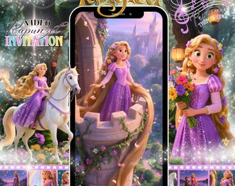 May include: A digital invitation featuring Rapunzel from the animated movie Tangled. The design includes images of Rapunzel in a purple dress, a white horse, and a castle. The text "Video Rapunzel Invitation" is also present.