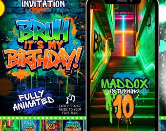BRUH YOU IN Birthday Video Invitation: Animated Graffiti Arcade Theme (MP4 Digital Download)