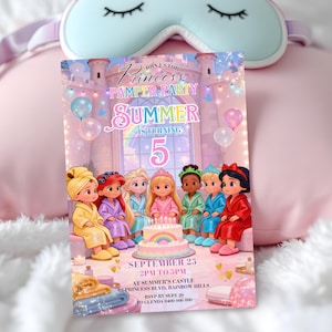 May include: A princess-themed invitation for a pamper party. The invitation features cartoon princesses, a cake, and the text "Summer is turning 5". The invitation includes the date, time, and location of the party.
