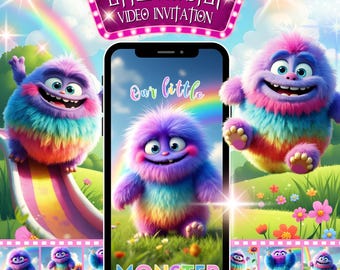 Rainbow Monster 1st Birthday Video Invitation: Animated Lil Monster Party (MP4 Digital Download)
