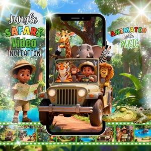 Puede incluir: Una invitación digital con temática de safari en la jungla. La imagen presenta un jeep de dibujos animados lleno de animales de safari y dos niños. El texto dice "Jungle Safari Video Invitation" y "Animated with Music."