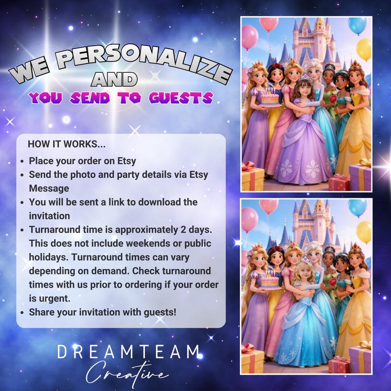 May include: Digital invitation design with Disney princesses and a castle illustration. Text includes "We Personalize and You Send to Guests." Instructions on ordering are also provided.