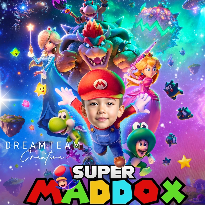 May include: A colourful digital illustration featuring characters from the Super Mario franchise, including Mario, Princess Peach, and Bowser. The image has the text "SUPER MADDOX" in bold, colourful letters, and "DREAMTEAM Creative" in cursive.