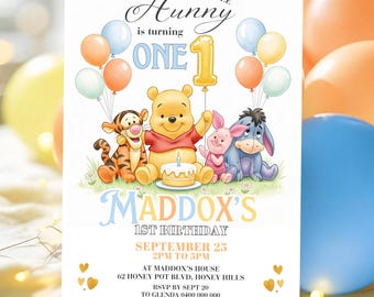 Invito per il primo compleanno di Winnie the Pooh, modificabile. Il piccolo tesoro compie un anno.