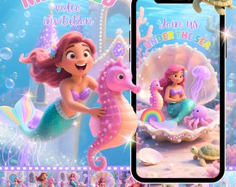 May include: A digital illustration for a mermaid-themed video invitation. The image features a smiling mermaid with pink hair and a teal tail, holding a pink seahorse. A smartphone displays a scene with mermaids, a turtle, and the text "Join us UNDER THE SEA."