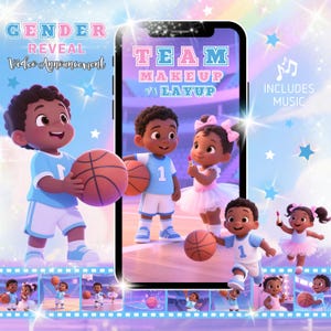 Puede incluir: Un anuncio de video digital de revelación de género con niños de dibujos animados jugando baloncesto. El video incluye elementos de música y maquillaje. El texto en la pantalla dice "Team Makeup on Layup". El texto a la izquierda dice "Gender Reveal Video Announcement".