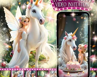 May include: A video invitation for a fairy unicorn themed party. The invitation features a white unicorn with a pink flower crown and a fairy with long blonde hair wearing a white dress. The invitation also includes a pink and white birthday cake with candles.
