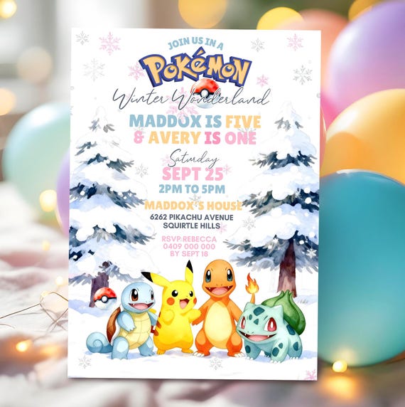 Pokemon Winter Party Invitation Joint Birthday Pikachu Invite Template Printable Digital Download