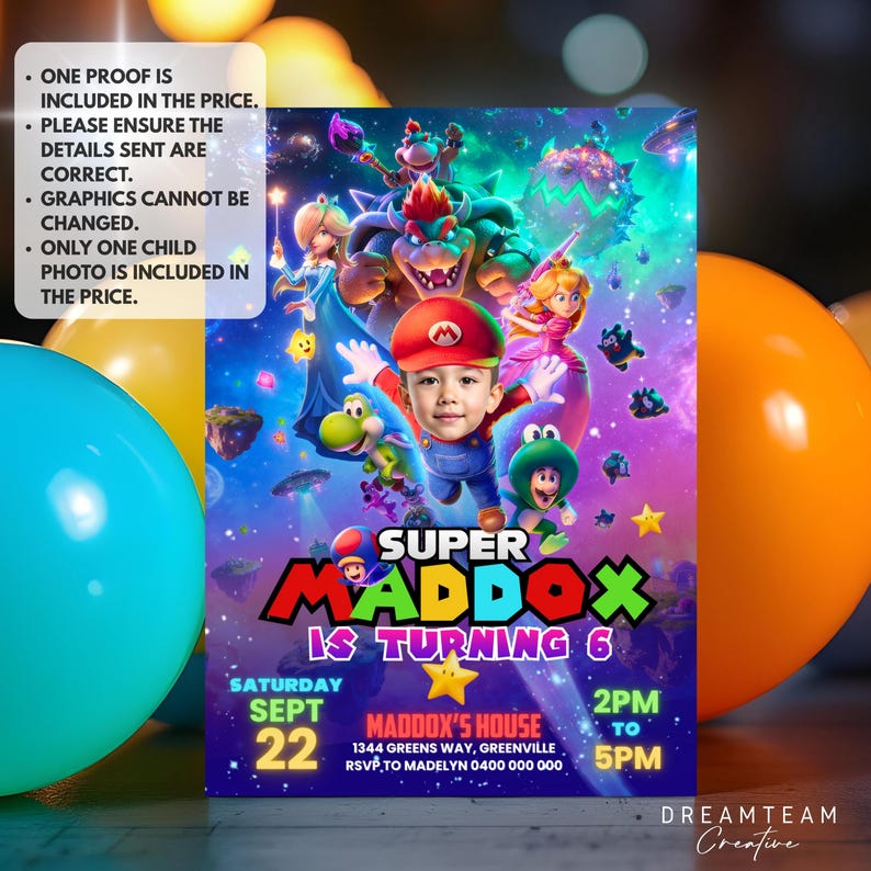 May include: A birthday party invitation with a Super Mario theme, featuring a child's photo. The invitation includes the text "Super Maddox is Turning 6," along with the date, time, and location details. The background features blue, yellow, and orange balloons.