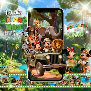 May include: A digital invitation with a jungle safari theme. The image features Mickey and Minnie Mouse in safari outfits, along with various jungle animals. Text on the image reads "Jungle Safari Video Invitation" and "Animated with Music."