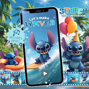 Invito video di compleanno a tema STITCH, invito modificabile per la festa in piscina a tema Stitch, invito animato per la festa in spiaggia a tema Stitch, video estivo a tema Stitch
