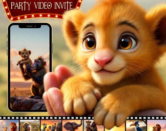 May include: A gender reveal party video invitation featuring a cartoon lion cub with a sweet expression. The invitation is displayed on a smartphone screen with a background image of a lion cub and a monkey. The bottom of the image shows a film strip with various cartoon animals.