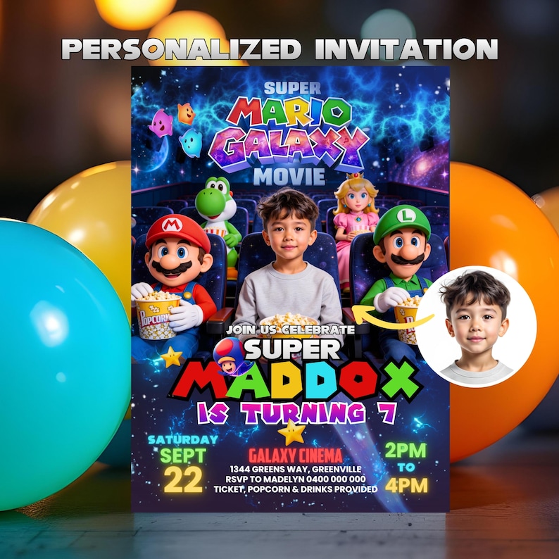 May include: A personalized invitation for a Super Mario Galaxy Movie birthday party. The invitation features Mario, Luigi, Princess Peach, and Yoshi in a movie theater setting. The invitation includes the name Maddox, the date, time, and location.