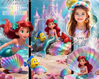 LITTLE MERMAID Video Birthday Photo Invitation: Animated Rainbow Princess Ariel Evite (MP4 Digital Download)