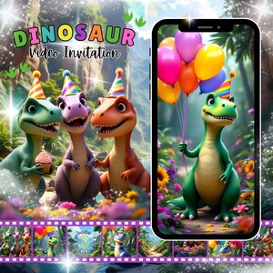 Può includere: Un invito video digitale "DINOSAURO" presenta tre dinosauri dei cartoni animati con cappelli da festa. Uno smartphone mostra un dinosauro verde che tiene in mano dei palloncini. L'invito ha un design colorato e animato.