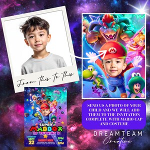 May include: A composite image showing a child's photo transformed into a Super Mario-themed illustration. The image includes the text "From this to this" and a birthday invitation design with the text "Super Maddox is turning 6".