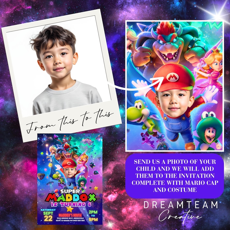 May include: A composite image showing a child's photo transformed into a Super Mario-themed illustration. The image includes the text "From this to this" and a birthday invitation design with the text "Super Maddox is turning 6".