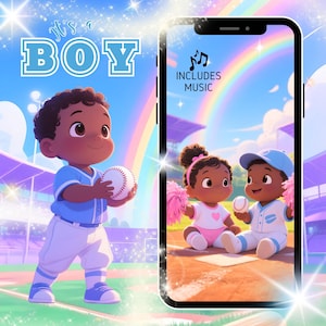 Peut inclure: Illustration numérique d'un garçon de dessin animé tenant une balle de baseball, avec le texte "It's a BOY". Un smartphone affiche deux bébés de dessin animé avec des pompons et des balles de baseball, avec le texte "INCLUDES MUSIC". Un arc-en-ciel est en arrière-plan.