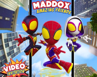 May include: A smartphone screen displays the title "MADDOX and his AMAZING FRIENDS" above three cartoon characters in superhero costumes. A "VIDEO INVITATION" graphic is in the lower left corner. The background shows a cityscape.
