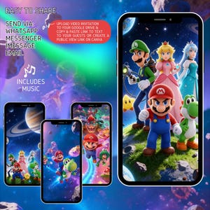 May include: Smartphone screens displaying a colorful video game theme with characters like Mario, Luigi, Princess Peach, and Yoshi. The image includes text: "EASY TO SHARE", "SEND VIA: WHATSAPP, MESSENGER, IMESSAGE, EMAIL", and "INCLUDES MUSIC".