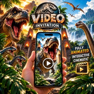 Puede incluir: Un teléfono inteligente muestra una invitación de video digital con un Tyrannosaurus Rex rugiendo. La pantalla tiene un botón de reproducción. El texto dice: VIDEO INVITATION, FULLY ANIMATED INTERACTIVE CINEMATIC, y un icono de claqueta.