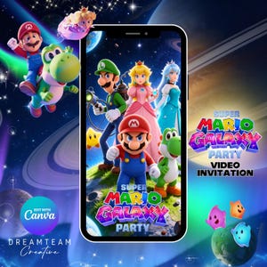 May include: A digital invitation featuring characters from the Super Mario Galaxy game. The design includes Mario, Luigi, Princess Peach, Yoshi, and other characters set against a space-themed background. The text reads "Super Mario Galaxy Party Video Invitation."