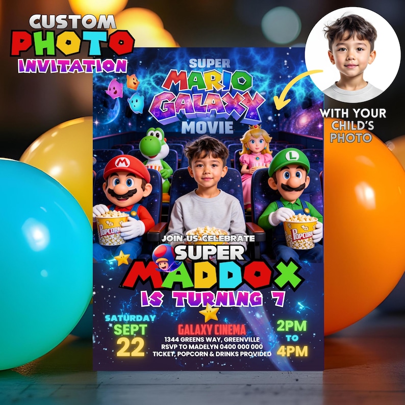 May include: A custom photo invitation for a birthday party. The design features characters from the Super Mario Galaxy Movie, with a child's photo. The invitation includes the text "Super Maddox is turning 7" and event details.