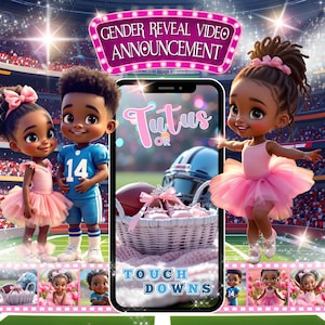 Peut inclure: Annonce numérique de révélation du sexe avec des illustrations de dessins animés. Le texte indique "Annonce vidéo de révélation du sexe", "Tutus ou Touchdowns". L'image comprend un ballon de football, des chaussures de bébé et un tutu rose.