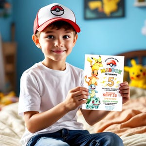 May include: A young person wearing a red and white baseball cap holds a birthday party invitation. The invitation features the text "MADDOX IS TURNING 5" with cartoon characters. The invitation also includes the date, time, and location of the party.