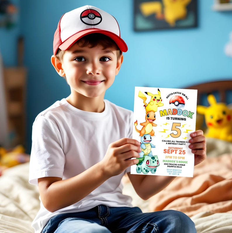 May include: A young person wearing a red and white baseball cap holds a birthday party invitation. The invitation features the text "MADDOX IS TURNING 5" with cartoon characters. The invitation also includes the date, time, and location of the party.