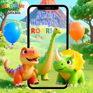 Può includere: Un invito digitale a tema dinosauri. L'immagine presenta tre dinosauri dei cartoni animati, due palloncini e il testo "Stomp Chomp & ROAR!" e "DINOSAUR VIDEO INVITATION". Lo sfondo include un vulcano e un paesaggio verde.