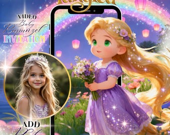 May include: Digital invitation featuring a cartoon illustration of Rapunzel from Tangled, holding flowers, with a rainbow and floating lanterns in the background. The text "Tangled" and "Video Baby Rapunzel Invitation" are displayed. A photo of a young girl in a tiara is also included.