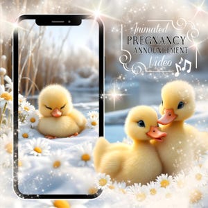 May include: An animated pregnancy announcement video featuring two fluffy yellow ducklings with orange beaks, surrounded by white daisies. The video is displayed on a smartphone screen, with the text "Animated Pregnancy Announcement Video".