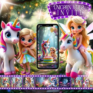 Könnte beinhalten: Eine digitale Videoeinladung mit einem Einhorn mit einer Regenbogenmähne und einem Regenbogen-Schwanz. Das Einhorn ist von einer magischen Waldkulisse mit einer Fee und einem Geburtstagskuchen umgeben. Der Text "Unicorn Video Invite" wird in einem lila Banner angezeigt.